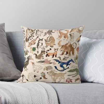 Avatar Animals Print In Watercolor, Avatar The Last Airbender Show, Appa, Momo, Turtle Duck Throw Pillow Official Avatar The Last Airbender Merch